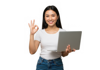Woman smiling holding laptop and making ok sign with her hand on transparent background