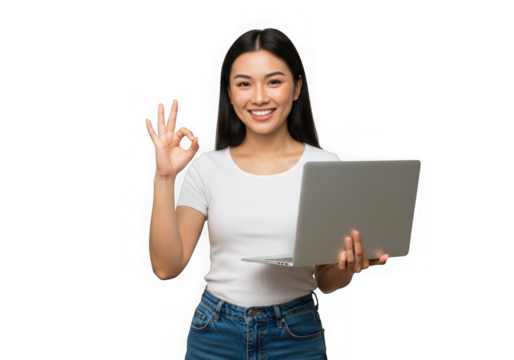 Woman smiling holding laptop and making ok sign with her hand on transparent background