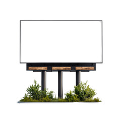 Obraz premium Large empty rectangular billboard stand with lush greenery and grass at base on a white background