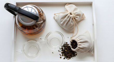 Top view of a white tray featuring a glass teapot, two clear cups, and tea bags, perfect for a relaxing tea break