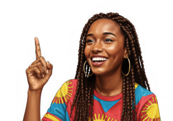 Smiling woman with braids pointing upward against dark space on transparent background