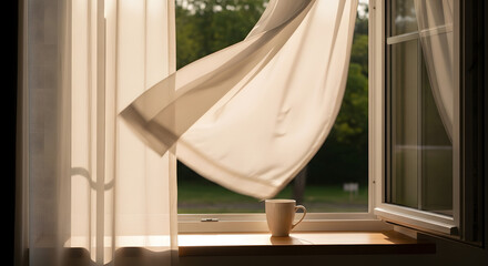 Breezy morning light filters through sheer curtains in an open window, highlighting a cozy coffee mug on the sill, bringing nature indoors.