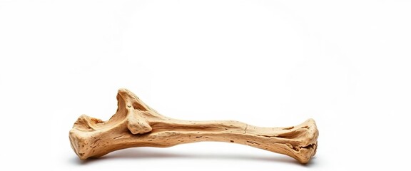 Ancient, weathered bone isolated on pure white backdrop,  history,  cracked