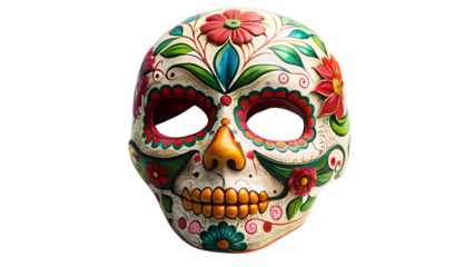 Ornate sugar skull mask with floral designs, isolated on transparent background