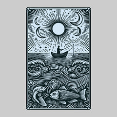 retro vector card depicting ancient fish monster from cursed fishing trip