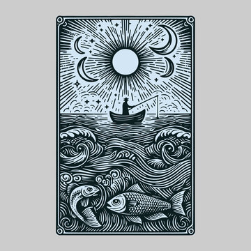 retro vector card depicting ancient fish monster from cursed fishing trip