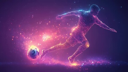 A futuristic soccer player kicks a glowing ball amid cosmic stardust in a vivid violet and pink aura - Powered by Adobe