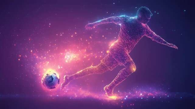 A futuristic soccer player kicks a glowing ball amid cosmic stardust in a vivid violet and pink aura - Powered by Adobe