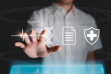 Person touching medical icons including heartbeat dna document and shield healthcare technology