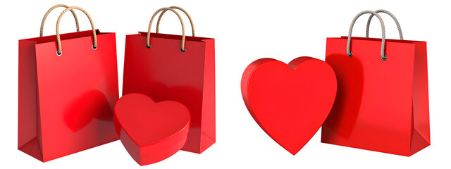 Set of Red Gift Bag with Handles and Heart-Shaped Box, Transparent PNG Background