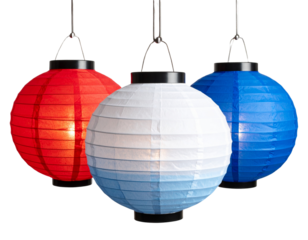 Three Hanging Paper Lanterns in Triangular Formation with Red, White, and Blue Colors Side Angle, isolated on transparent background PNG