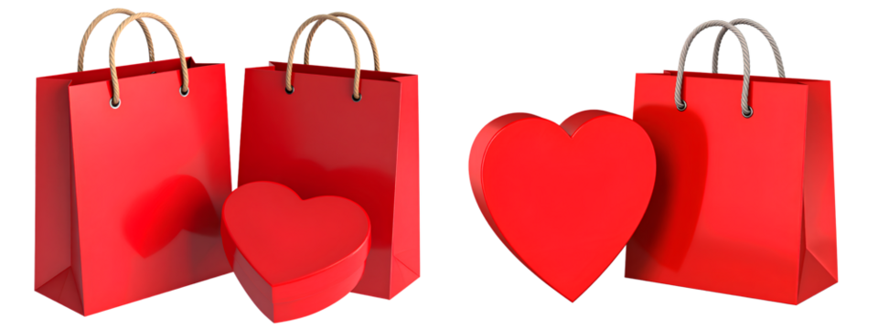 Set of Red Gift Bag with Handles and Heart-Shaped Box, Transparent PNG Background