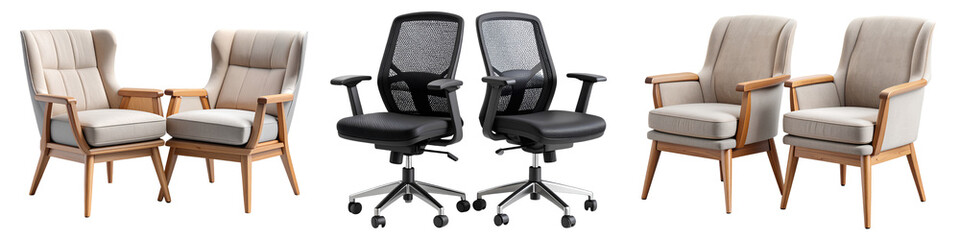 Set of Modern Lounge and Office Chairs with Fabric Upholstery, Transparent Background