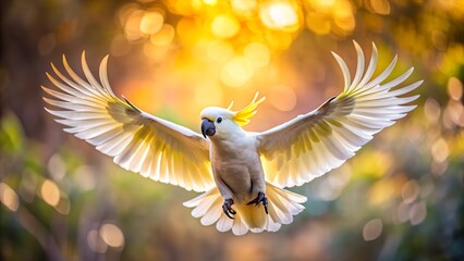 Cockatoo Flying with Spread Wings and Colorful Blurred Background