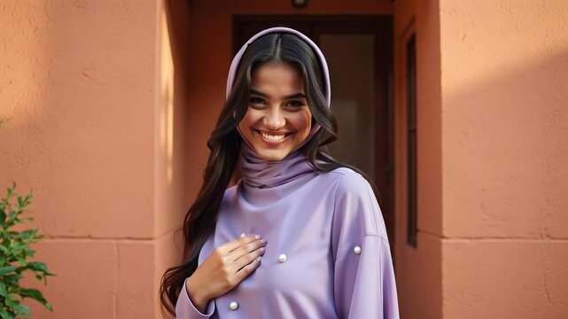 A serene 4k portrait captures a beautiful Pakistani woman in a lavender hijab, showcasing a soft smile and charming dimples in warm light.