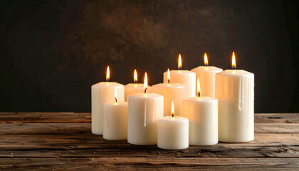 White Pillar Candles Glowing on Rustic Wooden Table with Warm Light and Dark Background