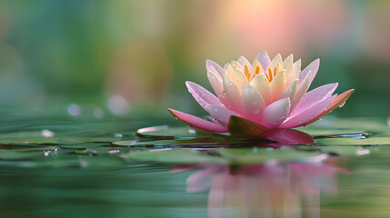 Serene Water Lily With Gentle Dewdrops on Tranquil Pond Reflection
