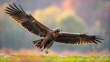 Obraz premium Eastern Imperial Eagle Flying with Spread Wings and Colorful Blurred Background