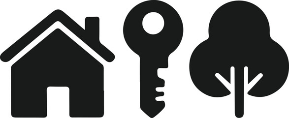 Simple black icons representing a house key and a tree on a white background