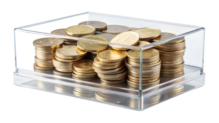 Stacks of golden coins neatly arranged in a clear plastic box, isolated on transparent background
