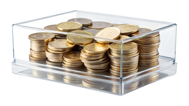 Stacks of golden coins neatly arranged in a clear plastic box, isolated on transparent background