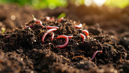 A close-up view of rich, dark, healthy soil that contains visible organic matter and earthworms.