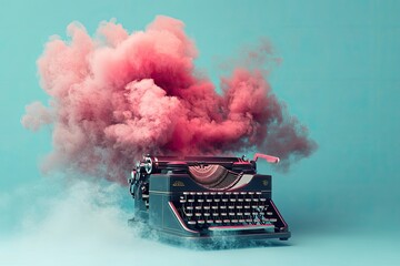 A vintage typewriter surrounded by a vibrant pink smoke cloud against a vibrant teal background.
