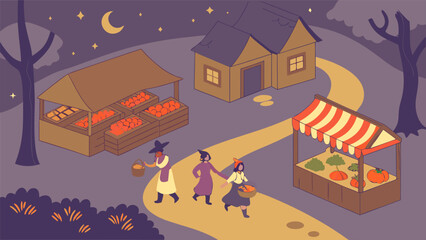 Fototapeta premium Isometric view of a night market with witches buying produce under a crescent moon and starry sky scene