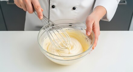 close up of a chef whisking cream in a glass bowl for baking