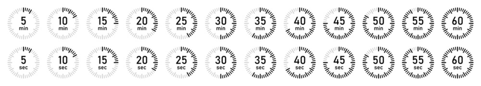 Minimalist circular countdown timer icons showing intervals from 5 to 60 minutes and seconds. Perfect for UI UX, fitness apps, video editing overlays, or digital interfaces. Vector illustration.