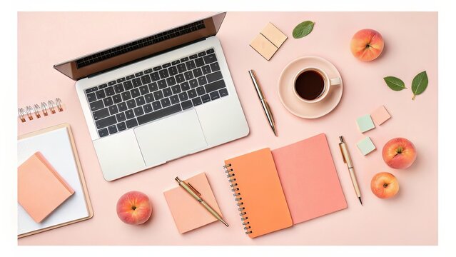 Peach-Themed Workspace Essentials in Flat Lay for Remote Work or Marketing Design