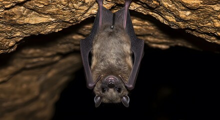 Fototapeta premium Close-up of a bat hanging upside down in a dark cave.