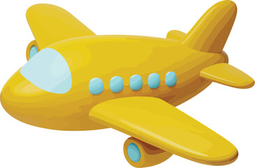 Fototapeta premium A yellow cartoon airplane with blue windows and accents on a white background in a studio setting