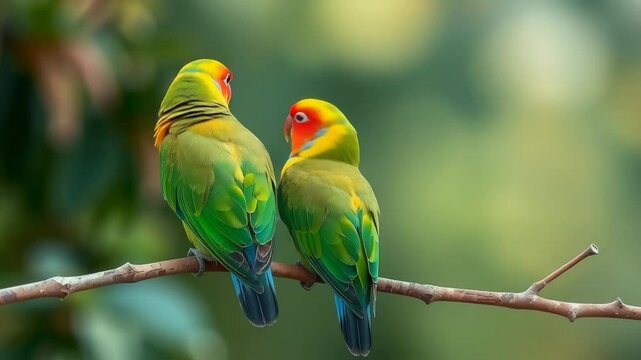 A pair of colorful lovebirds, one with a vibrant orange and yellow head, perched together on a tree branch in nature