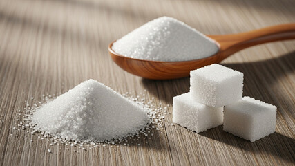 Macro image of sugar crystals spilling from a wooden spoon beside cubes on a textured table. Natural light highlights sparkle, ideal for recipes, packaging, diet, and food ads.