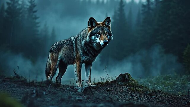 A lone wolf stands in a dark, misty forest. The wolf is brown and gray, and the forest is dense with tall trees. The mood is mysterious and atmospheric