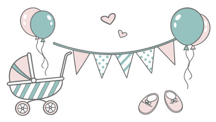Adorable Baby Shower Illustration: Pastel Pink and Mint Green Stroller, Balloons, Bunting, and Tiny Shoes; Cute Hand-Drawn Style; Joyful and Festive Mood.