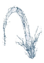 カーブした抽象的な青い波と水しぶきの3dイラスト