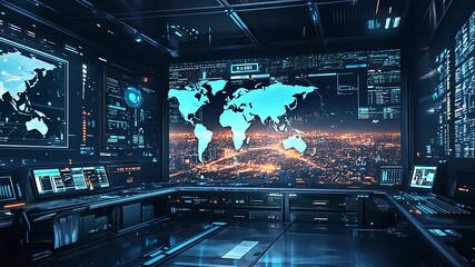 Futuristic control room with digital maps and data displays showcasing a global network at night - Powered by Adobe