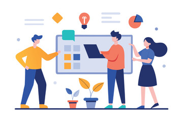 Illustration of team brainstorms ideas for a project with a laptop