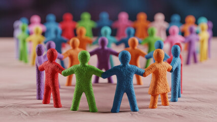 Colorful felt human figures stand in concentric circles on a table, each holding hands to convey unity, diversity, community spirit, cooperation, and mutual support.