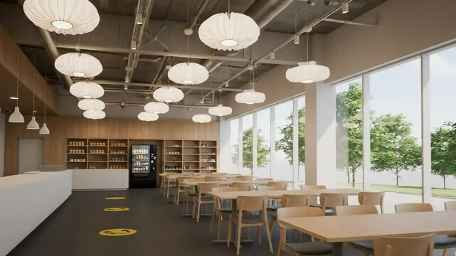 A modern and empty cafeteria or office canteen with social distancing markers on the floor a perfect visual for post-pandemic workplace safety concepts