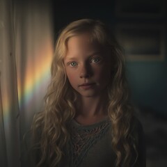 Portrait of a Young Girl with Long Blonde Hair Illuminated by a Rainbow.