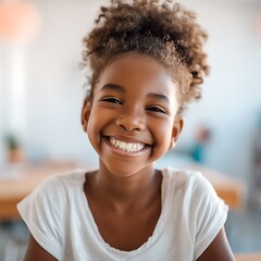Naklejka premium Portrait of a Happy Young Girl with a Bright Smile. A close up image showcasing childhood joy and carefree happiness.