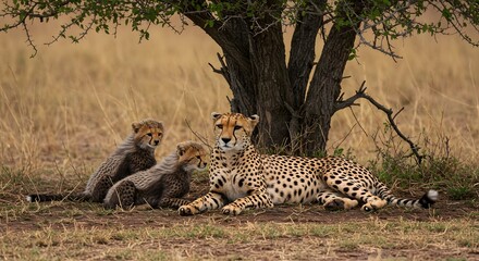 A cheetah rests under a tree with her two cubs in a grassy savanna landscape.
