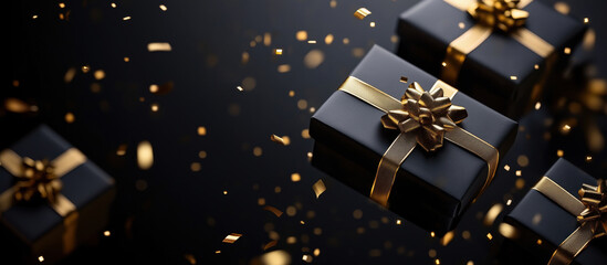 Elegant black gift boxes with golden ribbons and confetti on dark background.