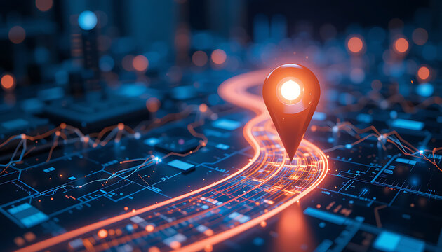 Modern Tech Roadmap Graphic Showing Infrastructure Upgrades and Software Implementation with Glowing Orange Marker for Future Innovation