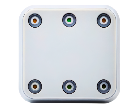 White control panel with six colorful indicator lights on a transparent background