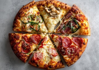 A six-slice gourmet pizza showcasing diverse toppings like pepperoni, mushrooms, zucchini, and ham, arranged in a circle on a textured grey surface, cheese is melted and stringy