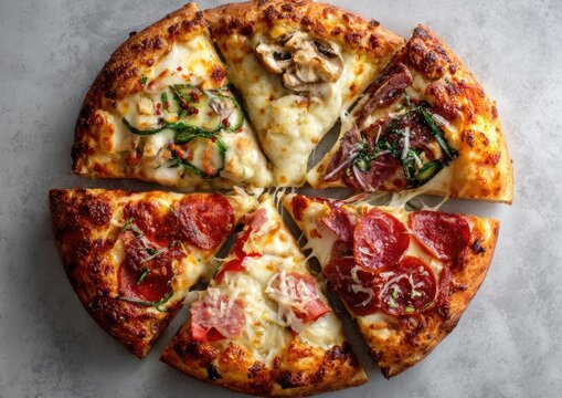 A six-slice gourmet pizza showcasing diverse toppings like pepperoni, mushrooms, zucchini, and ham, arranged in a circle on a textured grey surface, cheese is melted and stringy